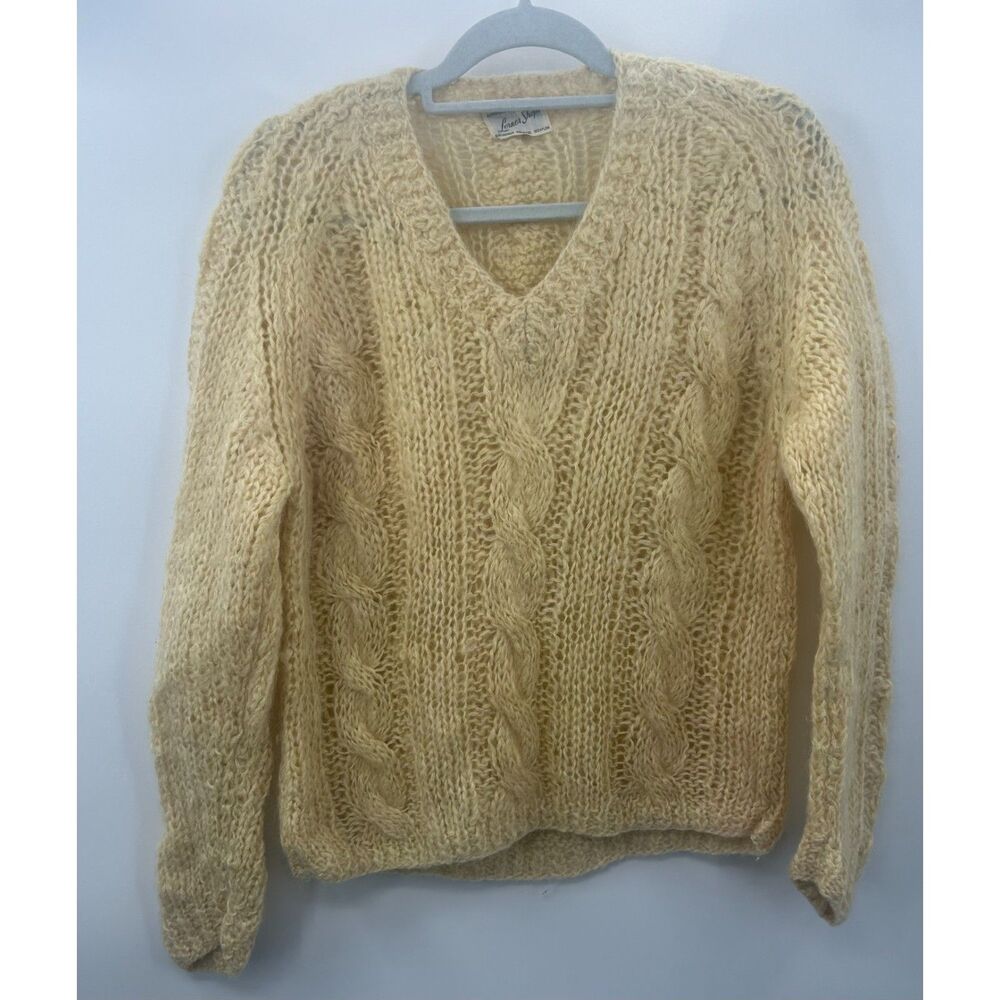Vintage Women's 60s Yellow Mohair Blend Sweater Made Italy Loose Knit Cable S/M